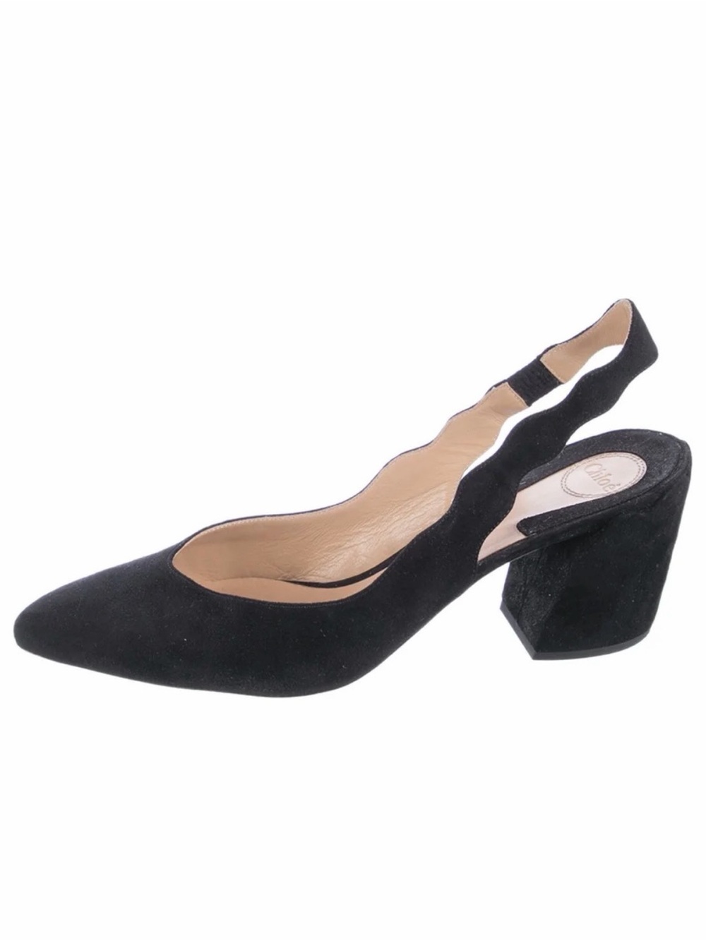 Chloe Black Suede Scalloped Slingback Block Heels